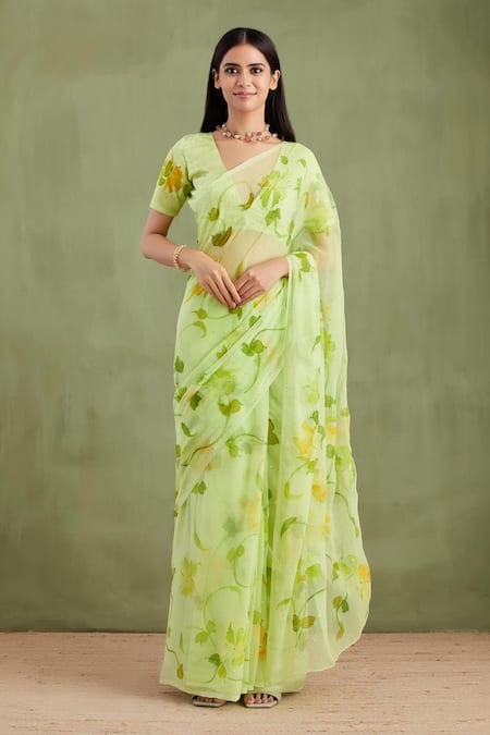 Geroo Jaipur Florid Hand Painted Saree With Unstitched Blouse Piece 