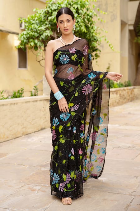 Geroo Jaipur Botanical Hand Painted Saree With Unstitched Blouse Piece 