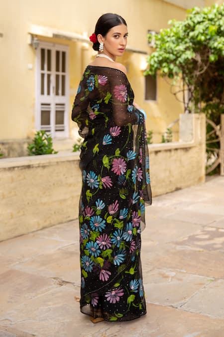 Geroo Jaipur Botanical Hand Painted Saree With Unstitched Blouse Piece 