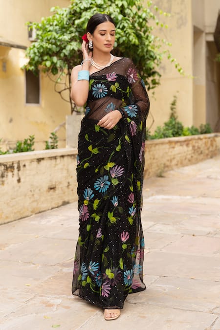 Geroo Jaipur_Black Chiffon, Botanical Hand Painted Saree With Unstitched Blouse Piece _Online_at_Aza_Fashions