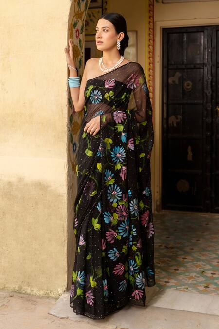 Geroo Jaipur_Black Chiffon, Botanical Hand Painted Saree With Unstitched Blouse Piece _at_Aza_Fashions