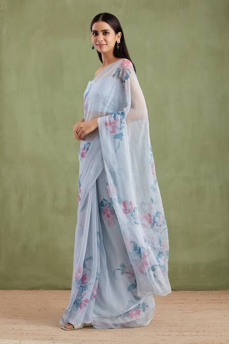 Geroo Jaipur Grey Chiffon, Jacquard Painted And Embellished Saree With Unstitched Blouse Piece Online at Aza Fashions Geroo Jaipur_Grey Chiffon, Jacquard Painted And Embellished Saree With Unstitched Blouse Piece _Online_at_Aza_Fashions