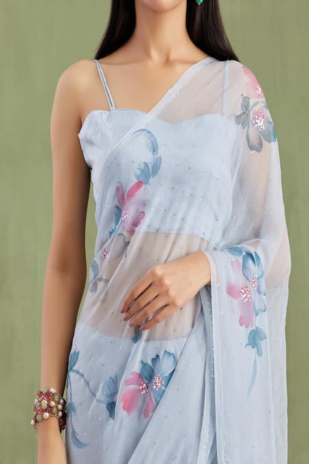 Shop Geroo Jaipur Grey Chiffon, Jacquard Painted And Embellished Saree With Unstitched Blouse Piece Online at Aza Fashions Shop_Geroo Jaipur_Grey Chiffon, Jacquard Painted And Embellished Saree With Unstitched Blouse Piece _Online_at_Aza_Fashions