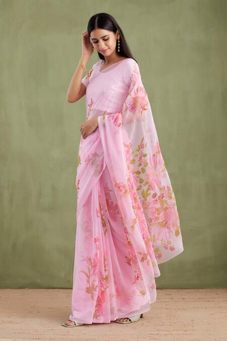 Geroo Jaipur Pink Chiffon, Jacquard Mirrors Handpainted Floral Saree With Unstitched Blouse Online at Aza Fashions Geroo Jaipur_Pink Chiffon, Jacquard Mirrors Handpainted Floral Saree With Unstitched Blouse _Online_at_Aza_Fashions