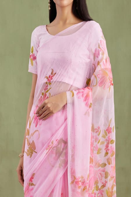 Shop Geroo Jaipur Pink Chiffon, Jacquard Mirrors Handpainted Floral Saree With Unstitched Blouse Online at Aza Fashions Shop_Geroo Jaipur_Pink Chiffon, Jacquard Mirrors Handpainted Floral Saree With Unstitched Blouse _Online_at_Aza_Fashions