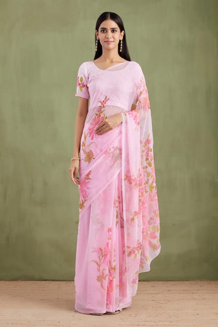 Geroo Jaipur Handpainted Floral Saree With Unstitched Blouse 