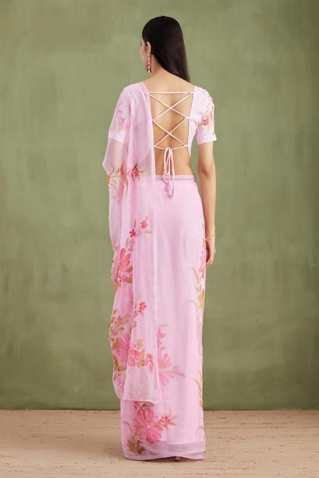 Shop Geroo Jaipur Pink Chiffon, Jacquard Mirrors Handpainted Floral Saree With Unstitched Blouse at Aza Fashions Shop_Geroo Jaipur_Pink Chiffon, Jacquard Mirrors Handpainted Floral Saree With Unstitched Blouse _at_Aza_Fashions