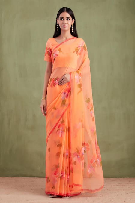 Geroo Jaipur Floral Handpainted Saree With Unstitched Blouse 