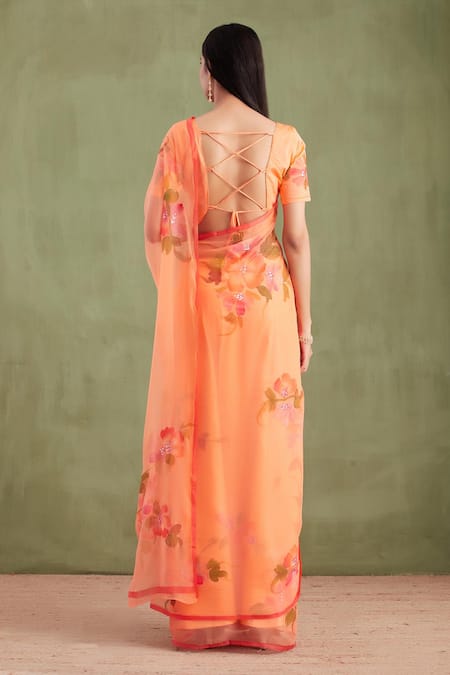 Shop Geroo Jaipur Orange Chiffon, Jacquard Floral Handpainted Saree With Unstitched Blouse at Aza Fashions Shop_Geroo Jaipur_Orange Chiffon, Jacquard Floral Handpainted Saree With Unstitched Blouse _at_Aza_Fashions