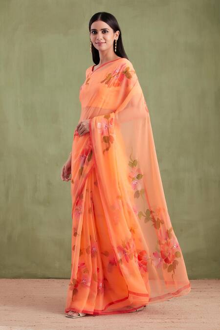Geroo Jaipur Orange Chiffon, Jacquard Floral Handpainted Saree With Unstitched Blouse Online at Aza Fashions Geroo Jaipur_Orange Chiffon, Jacquard Floral Handpainted Saree With Unstitched Blouse _Online_at_Aza_Fashions