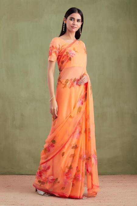 Buy Geroo Jaipur Orange Chiffon, Jacquard Floral Handpainted Saree With Unstitched Blouse Online at Aza Fashions Buy_Geroo Jaipur_Orange Chiffon, Jacquard Floral Handpainted Saree With Unstitched Blouse _Online_at_Aza_Fashions