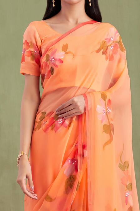 Shop Geroo Jaipur Orange Chiffon, Jacquard Floral Handpainted Saree With Unstitched Blouse Online at Aza Fashions Shop_Geroo Jaipur_Orange Chiffon, Jacquard Floral Handpainted Saree With Unstitched Blouse _Online_at_Aza_Fashions
