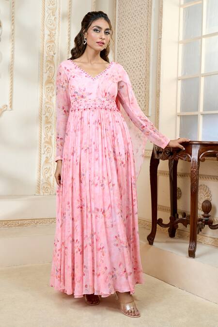 Aariyana Couture Pink Chiffon Embroidery, Tassels V-neck Draped Rose Petal Print Pleated Anarkali Online at Aza Fashions Aariyana Couture_Pink Chiffon Embroidery, Tassels V-neck Draped Rose Petal Print Pleated Anarkali_Online_at_Aza_Fashions