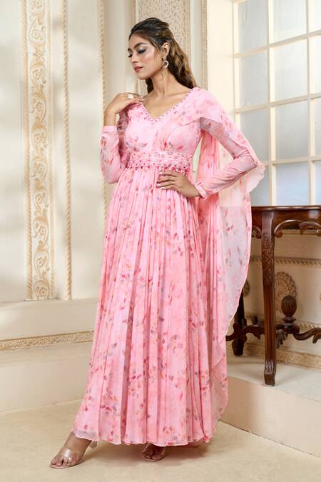 Buy Aariyana Couture Pink Chiffon Embroidery, Tassels V-neck Draped Rose Petal Print Pleated Anarkali Online at Aza Fashions Buy_Aariyana Couture_Pink Chiffon Embroidery, Tassels V-neck Draped Rose Petal Print Pleated Anarkali_Online_at_Aza_Fashions