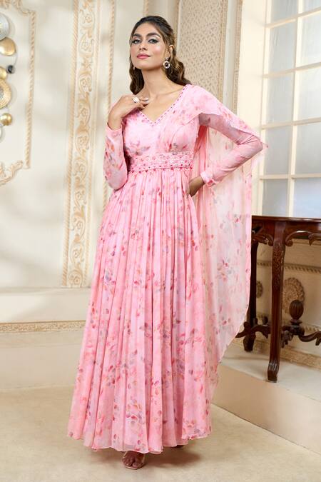 Shop Aariyana Couture Pink Chiffon Embroidery, Tassels V-neck Draped Rose Petal Print Pleated Anarkali Online at Aza Fashions Shop_Aariyana Couture_Pink Chiffon Embroidery, Tassels V-neck Draped Rose Petal Print Pleated Anarkali_Online_at_Aza_Fashions
