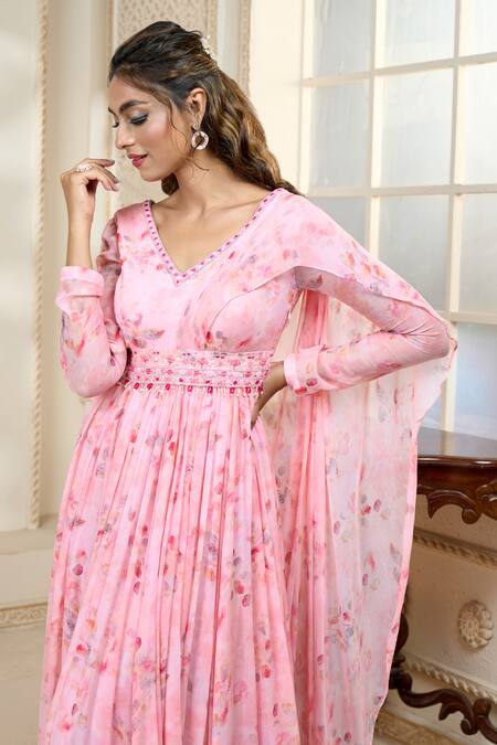 Buy Aariyana Couture Pink Chiffon Embroidery, Tassels V-neck Draped Rose Petal Print Pleated Anarkali Buy_Aariyana Couture_Pink Chiffon Embroidery, Tassels V-neck Draped Rose Petal Print Pleated Anarkali