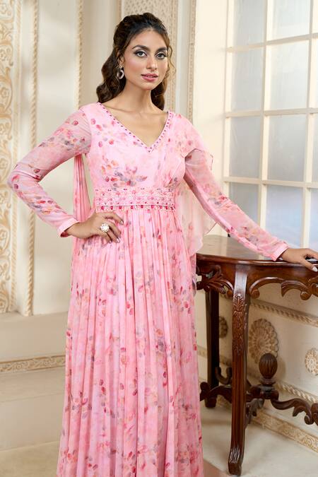 Shop Aariyana Couture Pink Chiffon Embroidery, Tassels V-neck Draped Rose Petal Print Pleated Anarkali Shop_Aariyana Couture_Pink Chiffon Embroidery, Tassels V-neck Draped Rose Petal Print Pleated Anarkali