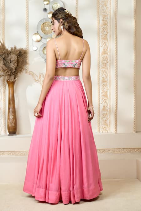 Shop_Aariyana Couture_Coral Organza Sequins, Embroidery Sweetheart Neck Ruffle Cape Lehenga Set 