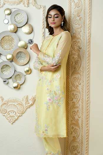 Shop_Aariyana Couture_Yellow Organza, Satin, Lycra Embroidery Round Neck Paisley Straight Kurta Set_Online_at_Aza_Fashions