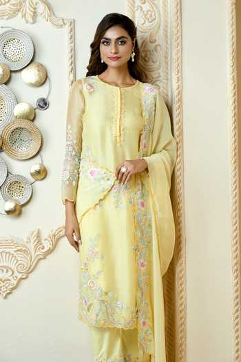 Aariyana Couture_Yellow Organza, Satin, Lycra Embroidery Round Neck Paisley Straight Kurta Set_at_Aza_Fashions