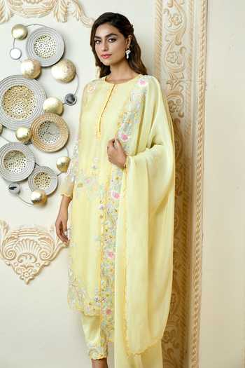 Buy_Aariyana Couture_Yellow Organza, Satin, Lycra Embroidery Round Neck Paisley Straight Kurta Set