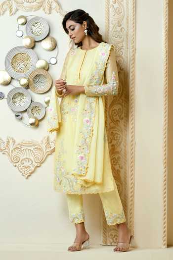 Shop_Aariyana Couture_Yellow Organza, Satin, Lycra Embroidery Round Neck Paisley Straight Kurta Set
