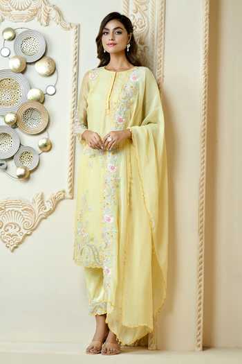 Aariyana Couture_Yellow Organza, Satin, Lycra Embroidery Round Neck Paisley Straight Kurta Set_Online_at_Aza_Fashions