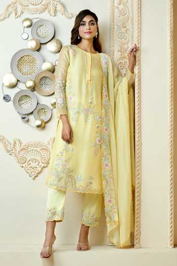 Buy_Aariyana Couture_Yellow Organza, Satin, Lycra Embroidery Round Neck Paisley Straight Kurta Set_Online_at_Aza_Fashions