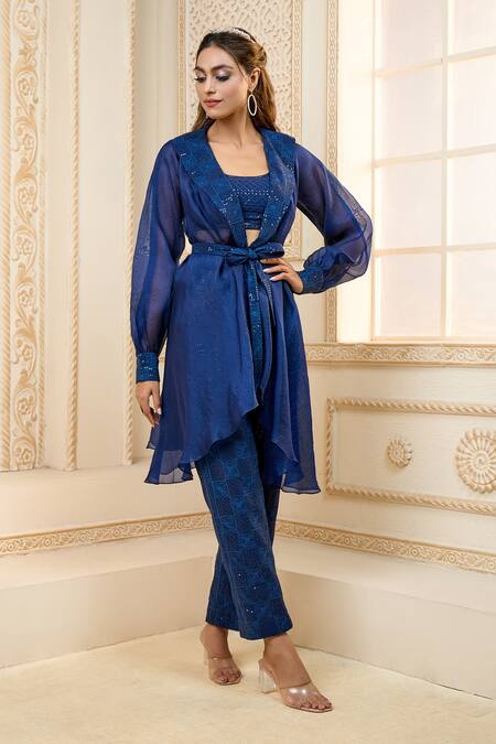 Buy Aariyana Couture Blue Chiffon Sequins Scoop , Shawl Embroidered Pant Set With Jacket Online at Aza Fashions Buy_Aariyana Couture_Blue Chiffon Sequins Scoop , Shawl Embroidered Pant Set With Jacket_Online_at_Aza_Fashions