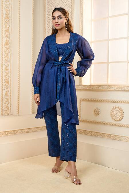 Shop Aariyana Couture Blue Chiffon Sequins Scoop , Shawl Embroidered Pant Set With Jacket Online at Aza Fashions Shop_Aariyana Couture_Blue Chiffon Sequins Scoop , Shawl Embroidered Pant Set With Jacket_Online_at_Aza_Fashions