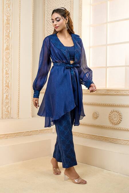 Aariyana Couture Blue Chiffon Sequins Scoop , Shawl Embroidered Pant Set With Jacket at Aza Fashions Aariyana Couture_Blue Chiffon Sequins Scoop , Shawl Embroidered Pant Set With Jacket_at_Aza_Fashions