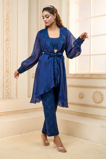 Buy Aariyana Couture Blue Chiffon Sequins Scoop , Shawl Embroidered Pant Set With Jacket Buy_Aariyana Couture_Blue Chiffon Sequins Scoop , Shawl Embroidered Pant Set With Jacket