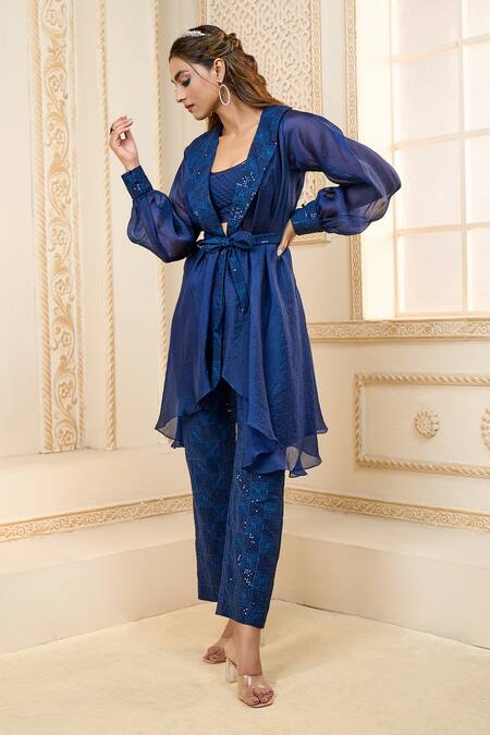 Shop Aariyana Couture Blue Chiffon Sequins Scoop , Shawl Embroidered Pant Set With Jacket Shop_Aariyana Couture_Blue Chiffon Sequins Scoop , Shawl Embroidered Pant Set With Jacket