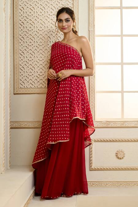 Aariyana Couture_Red Chiffon Embroidery, Zari One Shoulder Kaftan And Skirt Set_Online_at_Aza_Fashions