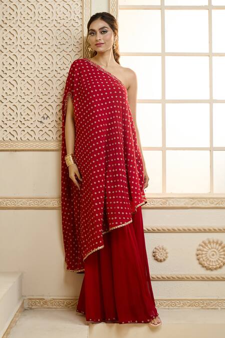 Buy_Aariyana Couture_Red Chiffon Embroidery, Zari One Shoulder Kaftan And Skirt Set_Online_at_Aza_Fashions