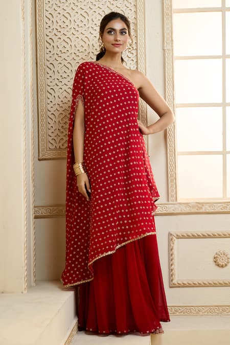 Shop_Aariyana Couture_Red Chiffon Embroidery, Zari One Shoulder Kaftan And Skirt Set_Online_at_Aza_Fashions