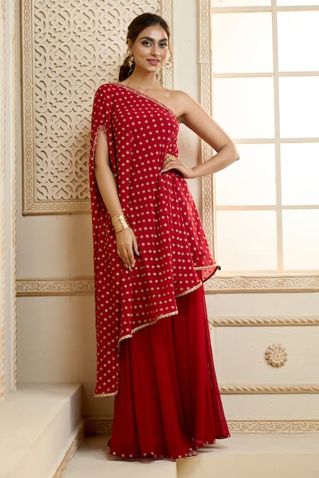 Aariyana Couture_Red Chiffon Embroidery, Zari One Shoulder Kaftan And Skirt Set_at_Aza_Fashions