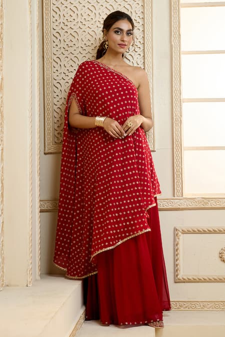 Buy_Aariyana Couture_Red Chiffon Embroidery, Zari One Shoulder Kaftan And Skirt Set