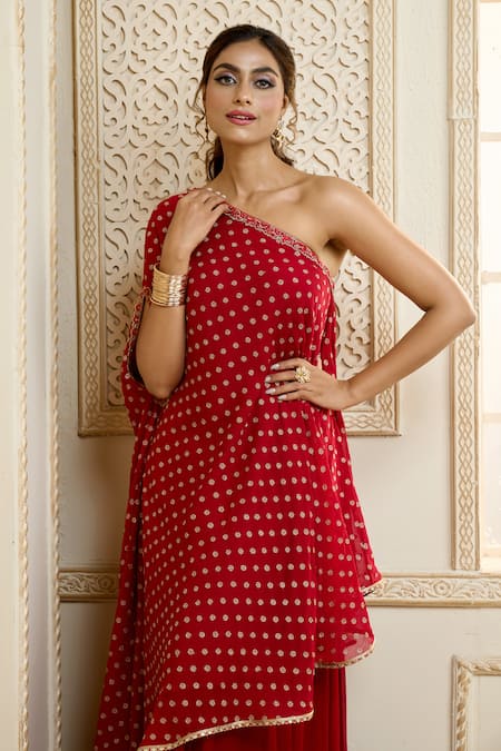 Shop_Aariyana Couture_Red Chiffon Embroidery, Zari One Shoulder Kaftan And Skirt Set