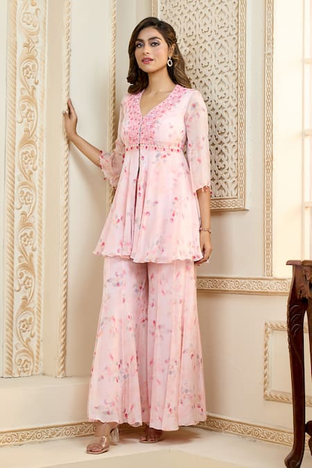 Aariyana Couture Pink Viscose Organza Printed Rose Petal V Neck Peplum Top And Sharara Set 