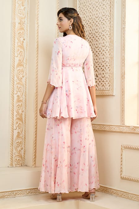 Shop Aariyana Couture Pink Viscose, Organza Embroidery, Rose Petal Print Peplum Top And Sharara Set at Aza Fashions Shop_Aariyana Couture_Pink Viscose, Organza Embroidery, Rose Petal Print Peplum Top And Sharara Set_at_Aza_Fashions