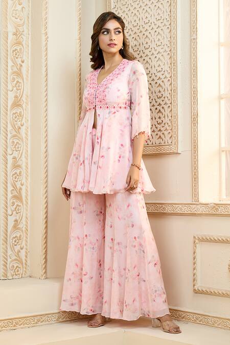 Aariyana Couture Pink Viscose, Organza Embroidery, Rose Petal Print Peplum Top And Sharara Set Online at Aza Fashions Aariyana Couture_Pink Viscose, Organza Embroidery, Rose Petal Print Peplum Top And Sharara Set_Online_at_Aza_Fashions