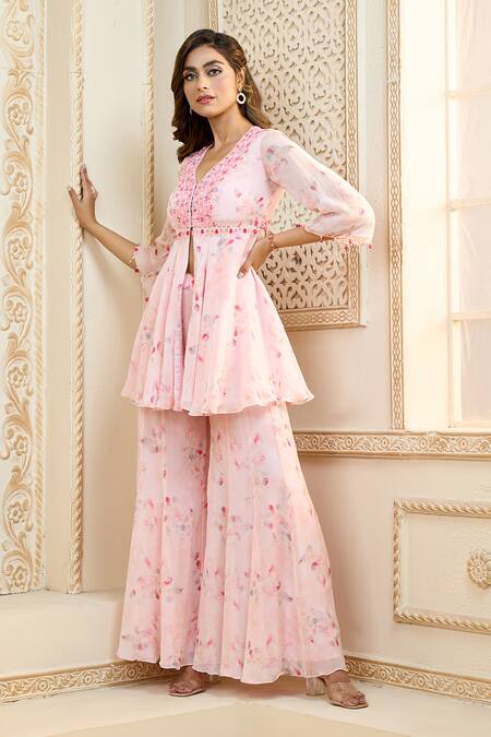 Buy Aariyana Couture Pink Viscose, Organza Embroidery, Rose Petal Print Peplum Top And Sharara Set Online at Aza Fashions Buy_Aariyana Couture_Pink Viscose, Organza Embroidery, Rose Petal Print Peplum Top And Sharara Set_Online_at_Aza_Fashions