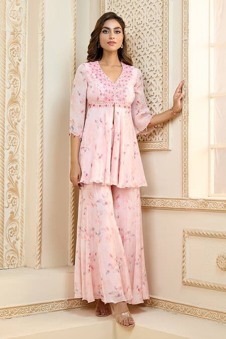 Shop Aariyana Couture Pink Viscose, Organza Embroidery, Rose Petal Print Peplum Top And Sharara Set Online at Aza Fashions Shop_Aariyana Couture_Pink Viscose, Organza Embroidery, Rose Petal Print Peplum Top And Sharara Set_Online_at_Aza_Fashions