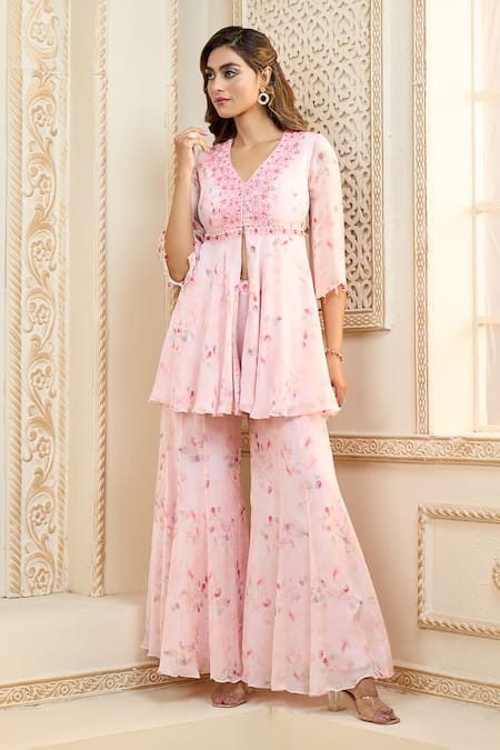 Buy Aariyana Couture Pink Viscose, Organza Embroidery, Rose Petal Print Peplum Top And Sharara Set Buy_Aariyana Couture_Pink Viscose, Organza Embroidery, Rose Petal Print Peplum Top And Sharara Set