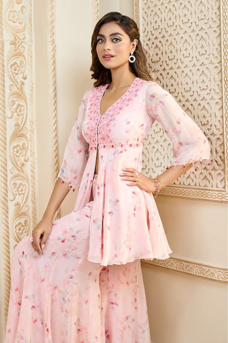Shop Aariyana Couture Pink Viscose, Organza Embroidery, Rose Petal Print Peplum Top And Sharara Set Shop_Aariyana Couture_Pink Viscose, Organza Embroidery, Rose Petal Print Peplum Top And Sharara Set