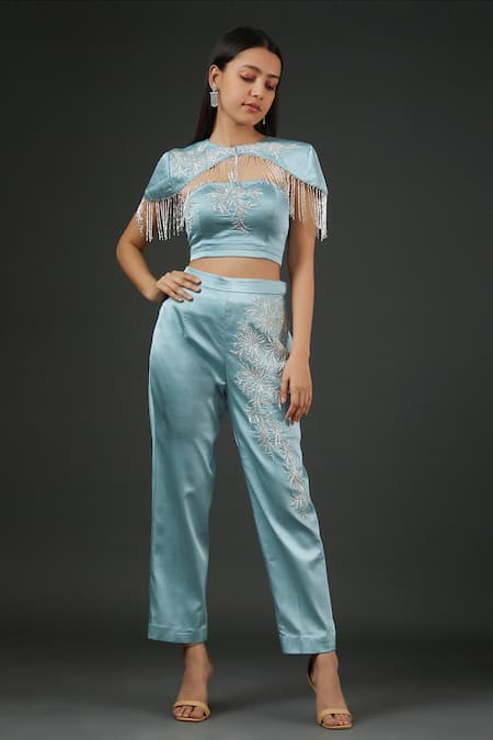 Vedika Soni Blue Satin Embroidery Cutdana Cape Round Pant Set 