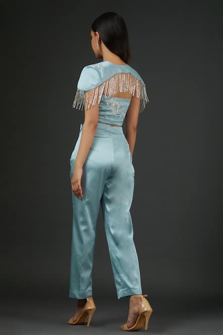 Shop Vedika Soni Blue Satin Embroidery Cutdana Cape Round Pant Set at Aza Fashions Shop_Vedika Soni_Blue Satin Embroidery Cutdana Cape Round Pant Set _at_Aza_Fashions