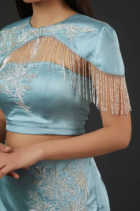 Buy Vedika Soni Blue Satin Embroidery Cutdana Cape Round Pant Set Online at Aza Fashions Buy_Vedika Soni_Blue Satin Embroidery Cutdana Cape Round Pant Set _Online_at_Aza_Fashions