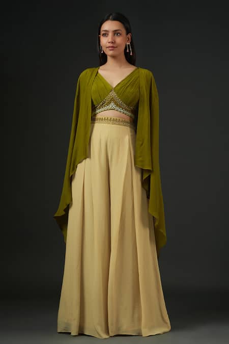Vedika Soni Green Crepe, Net Mirrors, Embroidery V-neck Solid Cape Flared Pant Set 